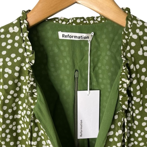 Reformation Marcy Dress Green Polka Dot Print Long Sleeve Size 10 Ruffle Trim - Picture 6 of 11